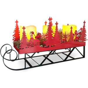 Christmas Sleigh Table Centerpieces Decorations, Xmas Red Cut-Out Tree Sleigh LED Candle Candelabrum with Timer Holiday Candle Holder for Home Party Table Mantel Decoration