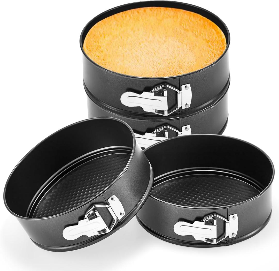 Funnymoom 4 Pcs 8 Inch Non Stick Springform Pan with Removable Bottom Carbon Steel Cheesecake Pan Round Springform Cake Mold with Stainless Steel Spring Buckles for Baking Kitchens Restaurant (Black)