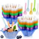 Vmiapxo 100 sets 8 oz Disposable Ice Cream Bowls and Spoons, Flower Shape Plastic Sundae Cups, Ice Cream Bar Supplies, Colorful Dessert Cups for Shaved Ice, Parfait, Strawberry, Yogurt
