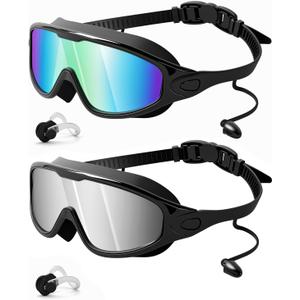 Rantizon Swim Goggles 2 Pack, Wide View Anti Fog&UV Swimming Goggles for Audlt, No Leaking Summer Gifts for Men Women Kid (Large for Adults, Aqua & Bright Silver)