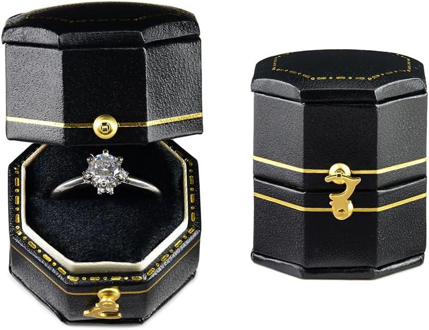 TAIMY Classical Victorian Style Wedding Tiny Ring Box, Handcrafted Gift Ring Box Proposal Pocket Size Small Keepsake Jewelry Box (Black, Octagon)