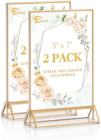 EHWINE 2 Pack Acrylic Sign Holder 5 x 7, Double Sided Gold Picture Frame Stand up Table Top Sign Holders, Clear Display Stand Menu Flyer Holder for Wedding Party