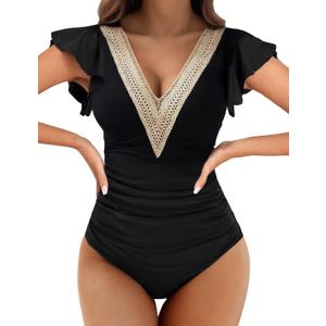 Buauty Womens One Piece Swimsuits Tummy Control Bathing Suits Deep V Lace Neckline Ruffle Swimwear Women 2025 (Large, Black)