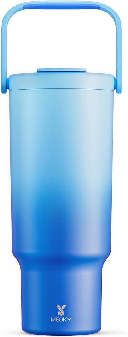 Meoky 40 oz Tumbler with Handle and Straw, Insulated Water Bottle, Stainless Steel Travel Mug, Keeps Cold for 34 Hours, 100% Leak Proof, Fits in Car Cup Holder (Sky)