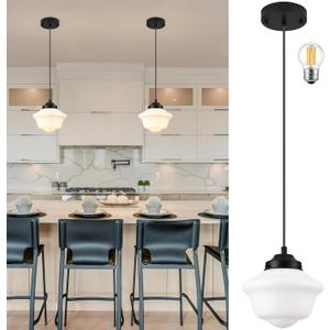 Black Schoolhouse Light Fixture 8" Milk Glass Pendant Light Schoolhouse Pendant Light Milk Glass Light Fixture Mid Century Pendant Light for Bedroom Bathroom Kitchen Hallway (Bulb Incl.)