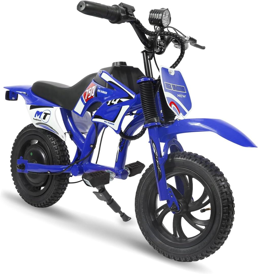 Kids Electric Motorcycle, 25.2V 300W Brushless Motor & Controller, 3 Speeds (10MPH, 8 Miles), LCD, LED, Moto Sound, Twist Grip, Dual Suspension & Brakes, for 3-10 yrs, 110 LB (Blue)