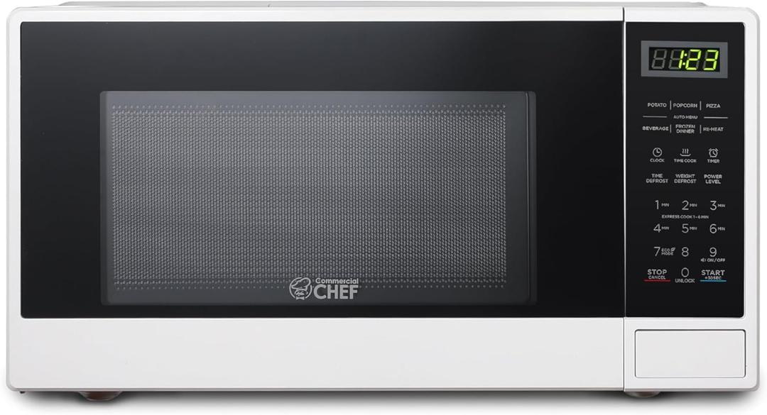 Commercial Chef 1.1 Cu. Ft. Countertop Microwave Oven, Touch Controls with Digital LED Display, 1100W Microwave, Push Button Door, 10 Power Levels, CHCM11100W, White