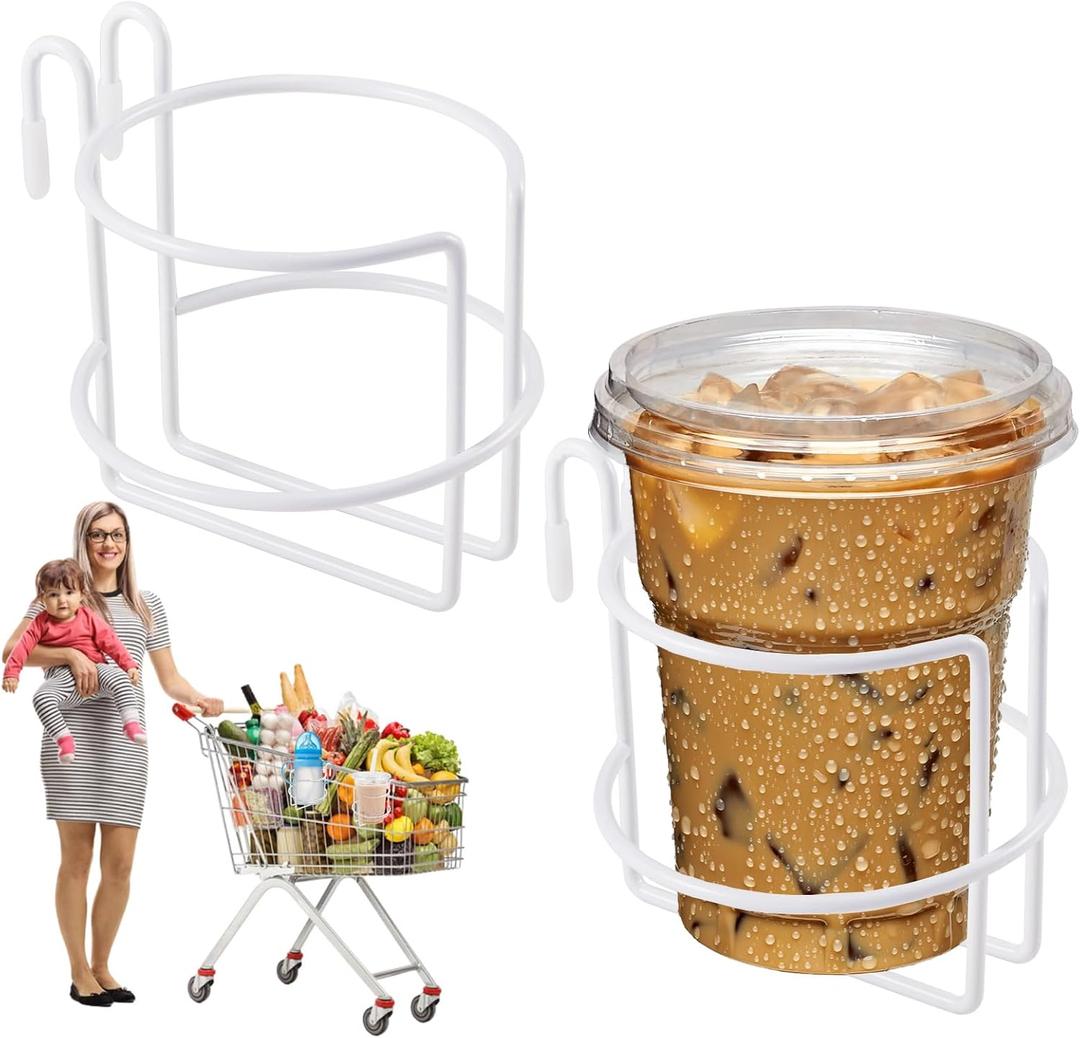 Stanley 2 Pcs Shopping Cart Cup Holder with Bottom Bar, Updated Portable Grocery Cart Drink Holder Reusable Stainless Steel Cup Holder for Hanging Coffee Cup Baby Bottle (White)
