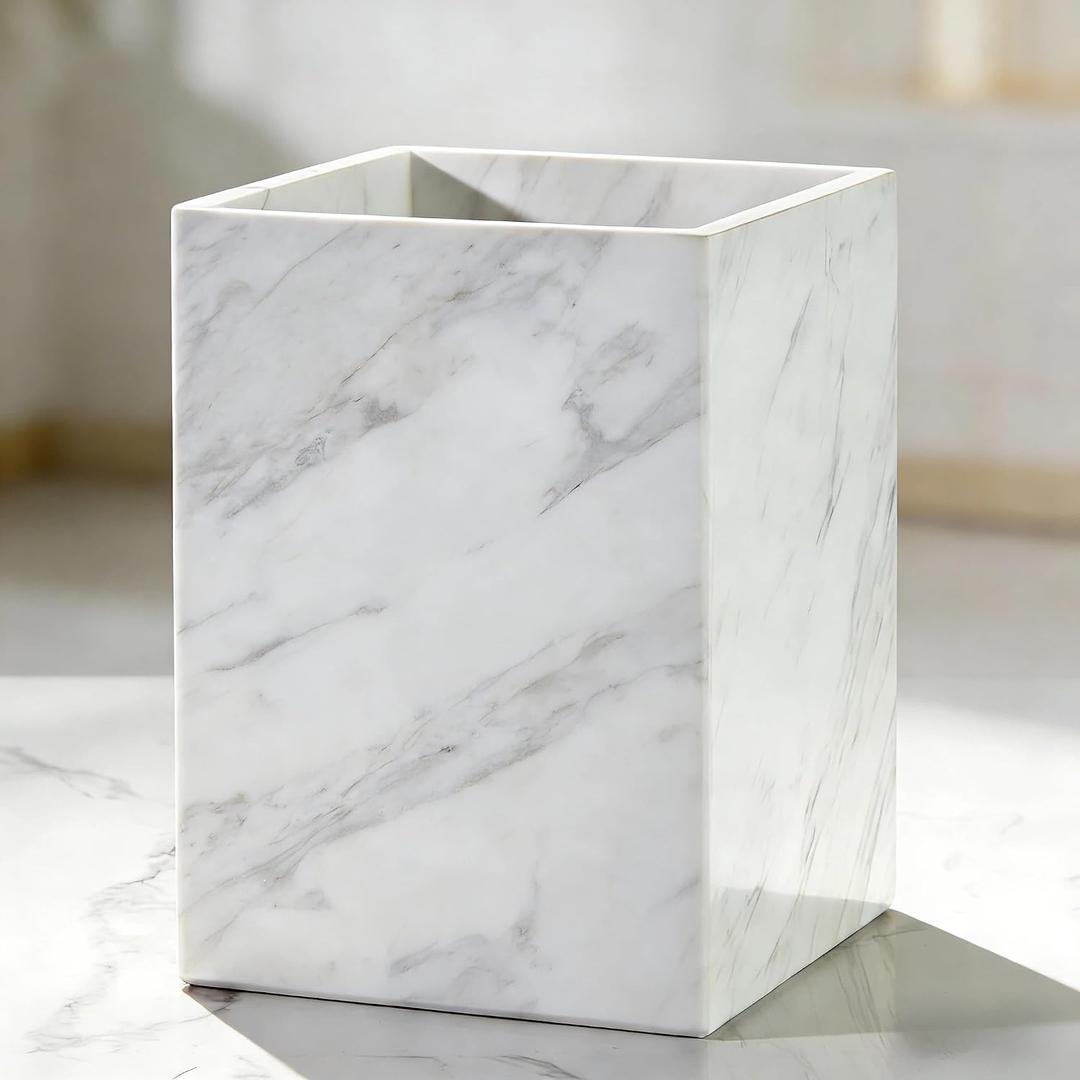 Natural White Marble Wastebasket, Elegant Texture Rectangular Trash Can, Luxury Durable Waterproof Marble Storage Basket, Garbage Container for Bathroom, Home Office, Living Room