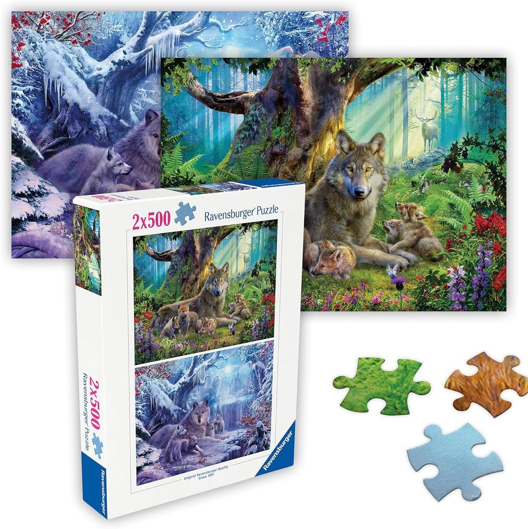 Ravensburger - Wolves - 2 x 500 Piece Jigsaw Puzzle - #1 Graceful Wolf Family at Rest - #2 Vivid Colors of Wolf Pack in Winter - Ideal Gift - Frameable Art - Screen-Free Fun - Puzzles for Adults
