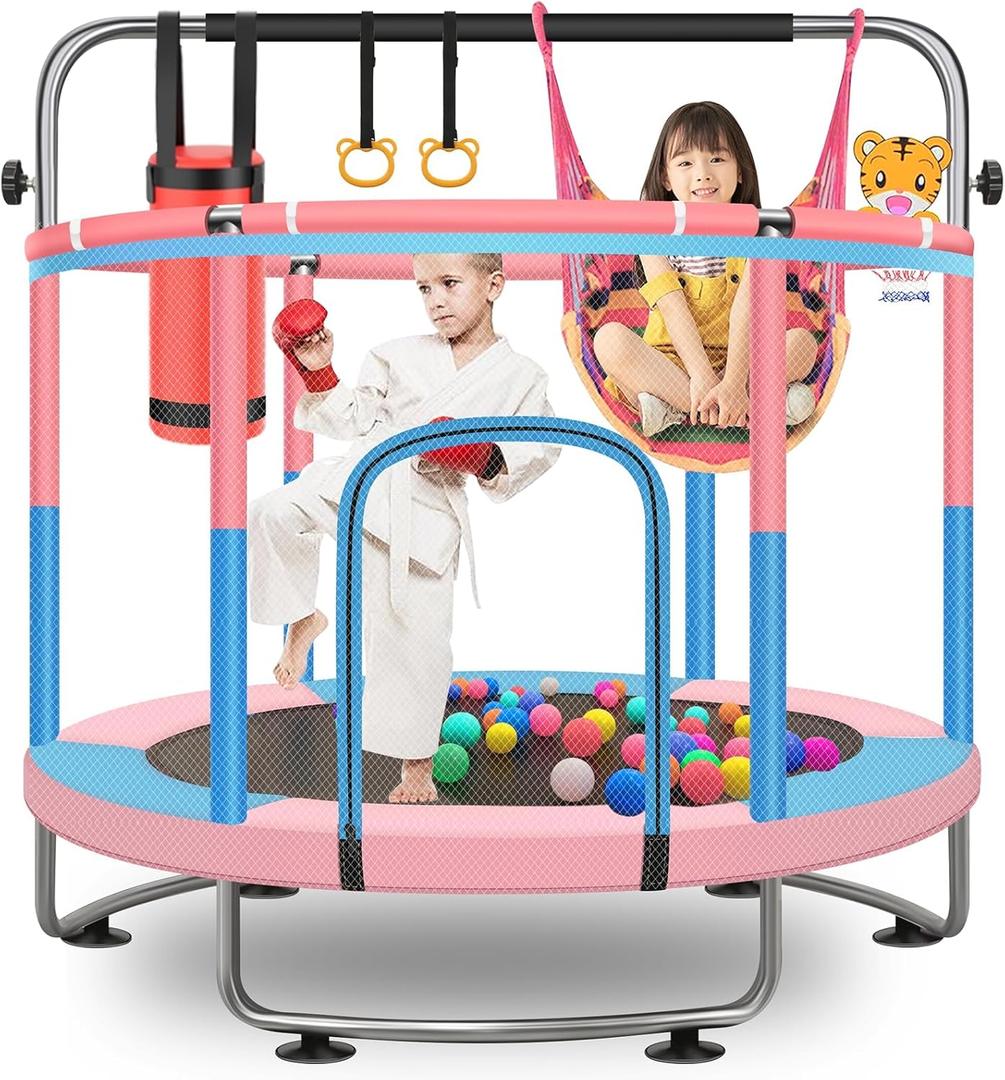 60" Toddler Trampoline for Kids, 5FT Adjustable Trampoline Indoor Outdoor with Enclosur Net, Mini Trampoline for Kids 3-10, 880lbs Capacity, Adjustable Gymnastics Bar, Basketball Hoop, Swing (Pink/Blue)