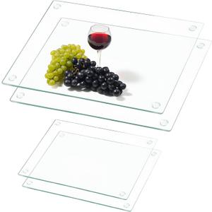 4 Pack Tempered Glass Cutting Board with Anti-Slip Pads, 2 Sizes Rectangle Clear Glass Tray Heat-Resistant Chopping Board for Kitchen Countertop, House Warming Gifts, Non-friable