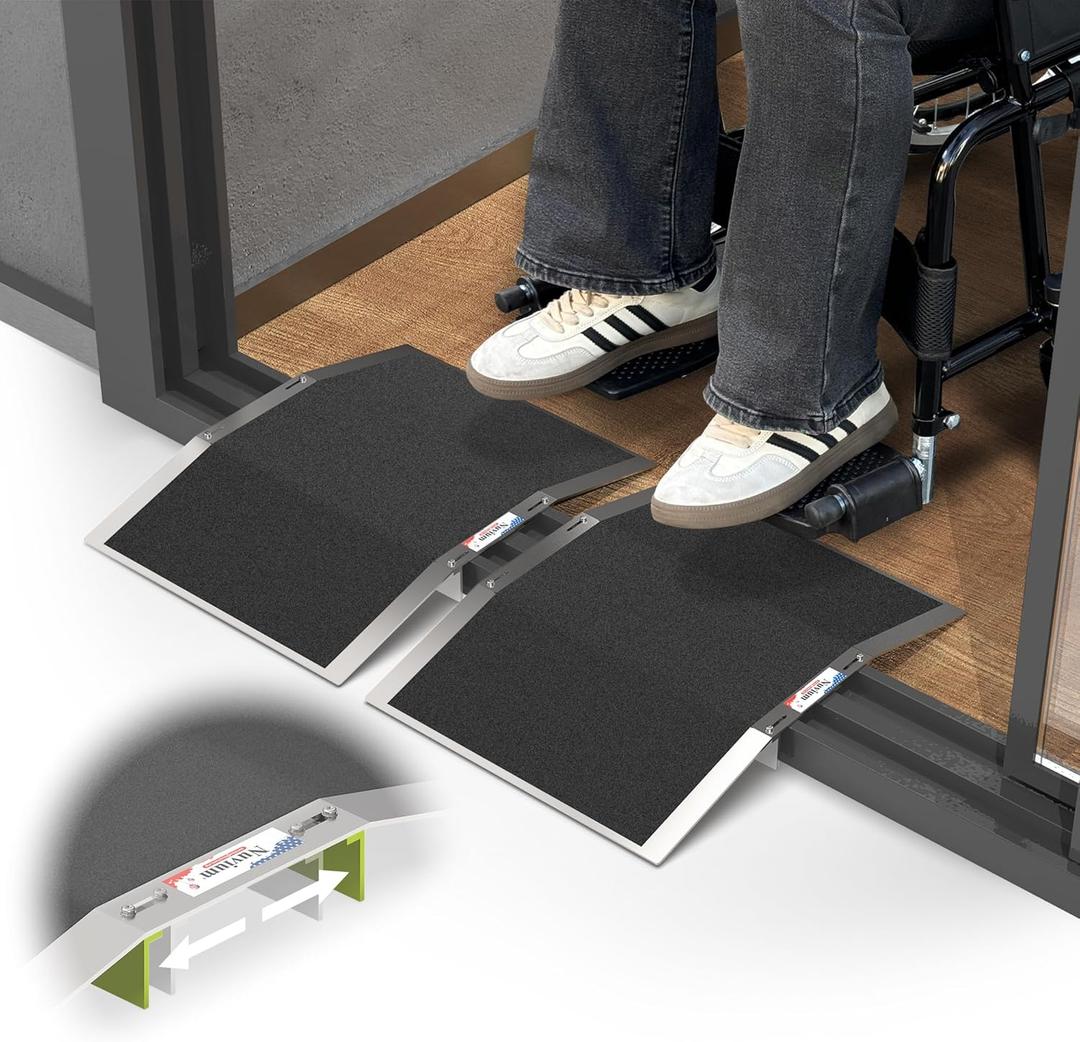 2pc×12"L×1.6"H Bridge Threshold Ramps for Doorways, Fits 2.8–5.1" Wide Thresholds with Adjustable Support Bars,Non-Slip Aluminum Wheelchair Ramps for Home Steps,Sliding Door Ramp for Wheelchair, 12"Lx2pc & 2.8–5.1" Wide