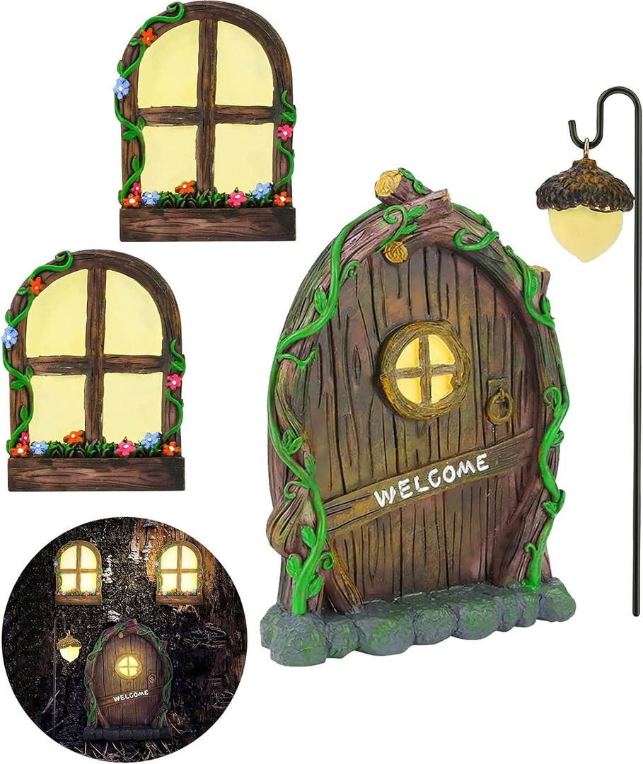 Resin Fairy Door & Window Set with Glow in The Dark Windows, Miniature Sculpture for Trees, Outdoor Decor Accessories Resin Fairy Door & Window Set with Glow in The Dark Windows, Miniature Sculpture for Trees, Outdoor Decor Accessories