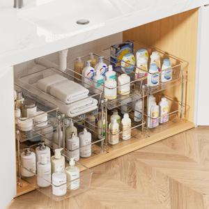 Vtopmart 4 Pack Bathroom Organizer, 2 Tier Clear Under Sink Organizers Vanity Countertop Storage Container,Cabinet Drawers Bins, Pull-Out Organization with Track for Pantry, Kitchen (Transparent)