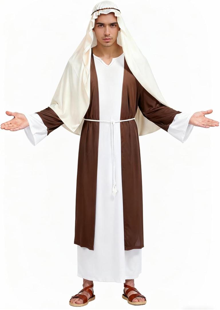 Joseph Costume for Mens, Adults Shepherd Cosplay Jesus Robe Biblical Religious Outfits with Headpiece Halloween XL