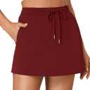 Vrtige Women's Casual Elastic High Waist Drawstring Workout Mini Skirt with Pockets (Red, L)