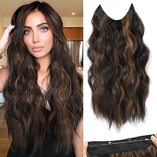 BUPPLER Halo Hair Extensions 20 Inch Invisible Wire Hair Extensions Adjustable Long Wavy Hairpiece Synthetic Upgrade 4 Secure Clips in Hairpieces 20 Inch,Dark Brown Mix Medium Brown
