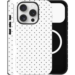 Magnetic Case for iPhone 16 Pro Max, Compatible with MagSafe, Aesthetic Polka Dot Cute Design for Women, Hybrid 2-Layer Hard Shell Phone Cover, White