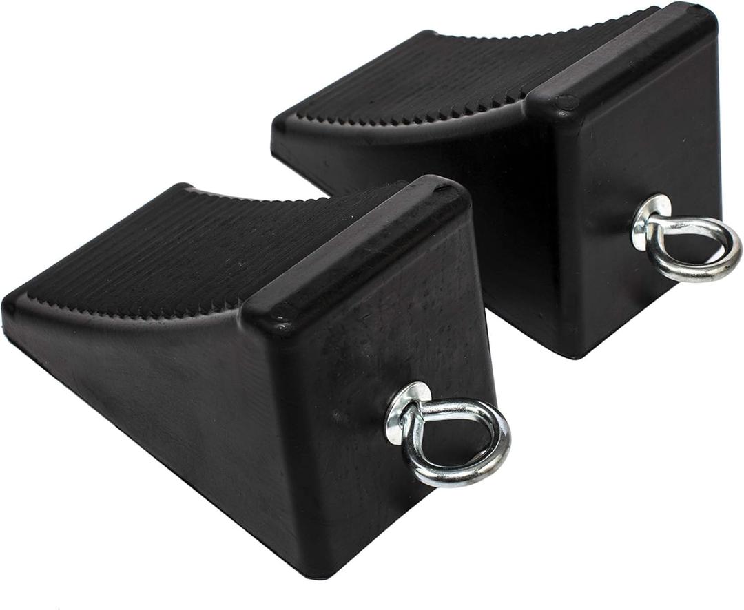MaxxHaul 50011 Heavy-Duty Rubber Wheel Chocks with Eyebolt, Anti-Slip Design for Trailers, RVs, and Trucks (6.5" x 3.75" x 4") - 2 Pack
