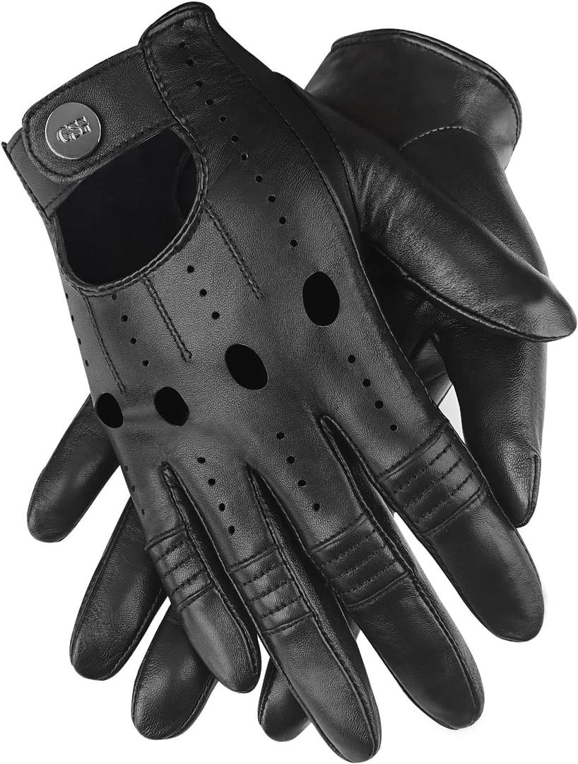 GSG Men Geniune Leather Gloves Sheepskin Black Driving Cycling Touchscreen Motorcycle Unlined Gloves (Large)