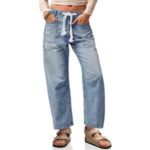 Cicy Bell Womens Baggy Barrel Horseshoe Jeans Wide Leg Drawstring Vintage Denim Pants with Front Pockets (8, Light Blue) M