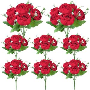 8 Pack Red Peonies Artificial Flowers, Fake Silk Hydrangea Bouquet for Bridal Wedding Home Table Decor Reusable Dining Opening Ceremony Birthday Arrangement Faux Floral