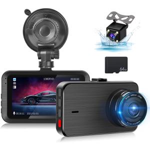 Dash Cam Front and Rear - 3 inch IPS Screen 1080P Full HD DVR Dash Camera for Cars with 64G SD Card - 150Wide Angle Car Dashboard Cam - Night Vision, G-Sensor, Parking Monitor