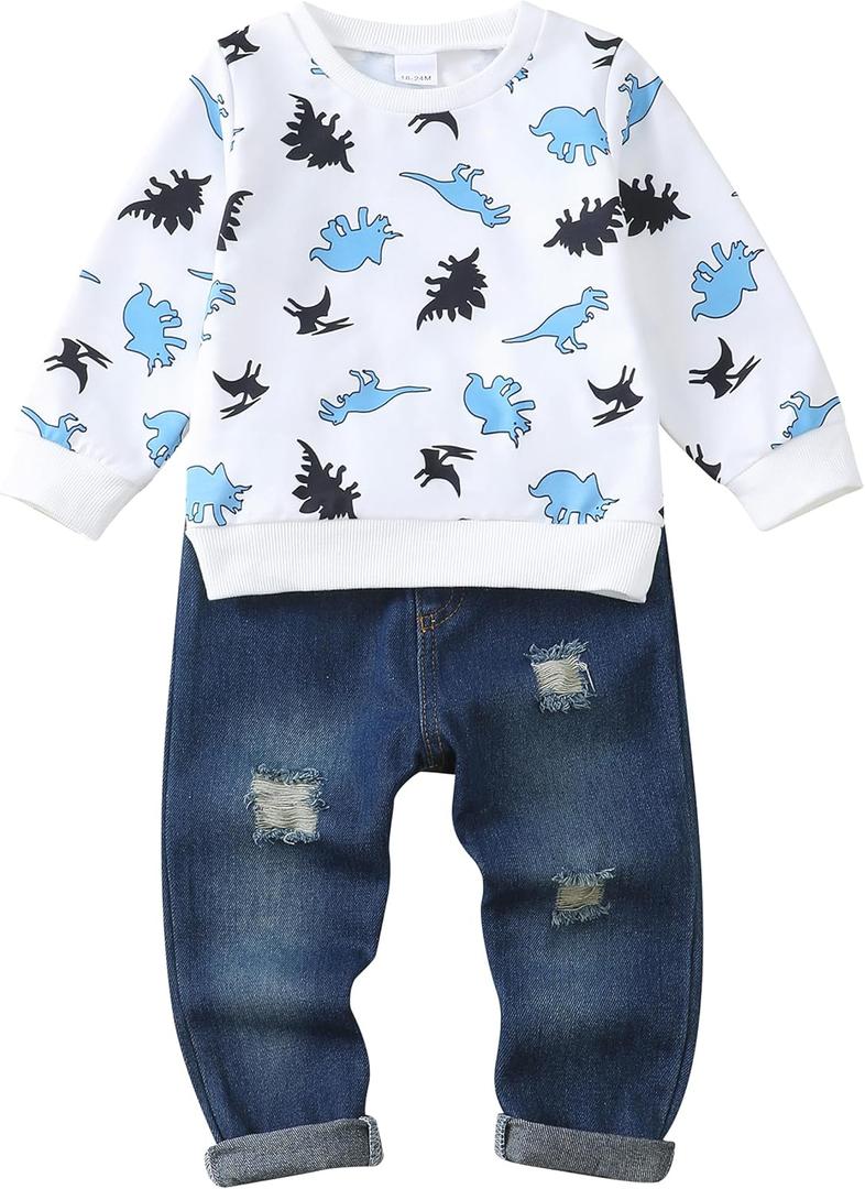 Renotemy Infant Baby Boy Clothes winter Toddler Denim Outfits Pullover Sweatshirt Jeans Pants Little Boys Clothing (2-3T, White)