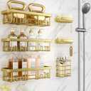 Veken Adhesive Shower Caddy 6-Pack,Gifts for Women Mom,Heavy Weight Bearing,Large Wall Mounted Bathroom Shelves Rack,Organizer Storage Accessories with Soap Dish&Toothbrush Holder,Bright Gold (6-Piece Set (Rustproof Upgrade))