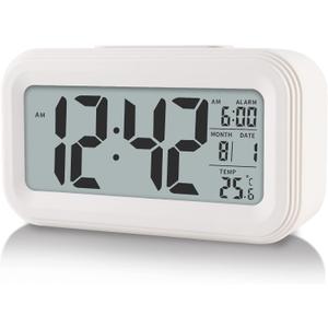 Digital Alarm Clock with Indoor Temperature, Battery Operated,Snooze Model,12/24H Display for Bedrooms Heavy Sleepers Kids Travel Bathroom Desk Smart Clock (White)