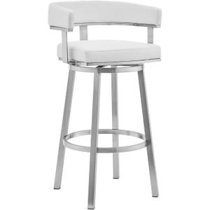 Armen Living Lorin Modern 30" Seat Height White Faux Leather and Brushed Stainless Steel Metal Swivel Bar Stool for Kitchen Island Counter