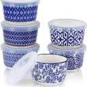 Selamica Ramekins with Lids 4 oz Oven Safe, Creme Brulee Ramekins Souffle Dishes with Covers, Stackable Ceramic Mini Ramekin Bowls Set for Dipping, Custard, Pudding, Baking, Set of 6, Vintage Blue