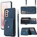 Phone Case for Samsung Galaxy S21 5G 6.2 inch Wallet Cover with Tempered Glass Screen Protector and Wrist Crossbody Strap Lanyard Credit Card Holder Stand Shoulder Slot Leather S 21 21S G5 Blue