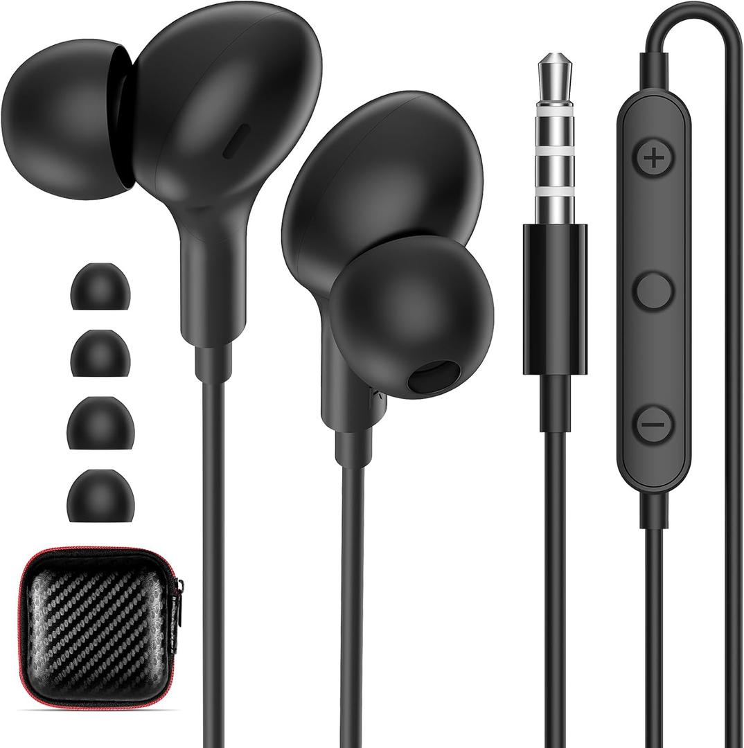 iMangoo Wired Earbuds with Microphone, All Day Wear In Ear Headphones, S/M/L Ear Buds Tips, Built-in Remote to Control Music, Phone Calls, Volume 3.5mm Plug Jack Earphones for Home Office School Black