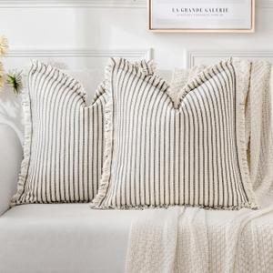 MIULEE Pack of 2 Gray Pillow Covers 20x20 Inch Striped Farmhouse Couch Throw Pillow Covers with Fringe Chic Linen Decorative Cushion Covers for Sofa Living Room Bed Outdoor Home Decor