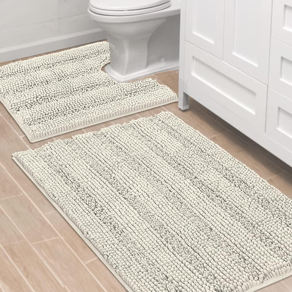 H.VERSAILTEX Bathroom Rugs Bath Rug Set 2 Piece Bathroom Contour Rug Toilet Mat Sets Non Slip Contour Bath Rug Ultra Thick Water Absorbent Striped Bath Mats Washable(36" x 24" Plus 20" x 24" U, Cream)