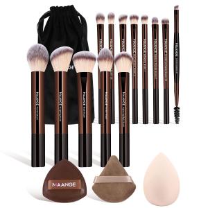 MAANGE 16PCS Makeup Brush Set Travel Makeup Brushes for Liquid Powder Contour Concealer Cream Cosmetics Blending Eyeshadow Eyeliner (Coffee)