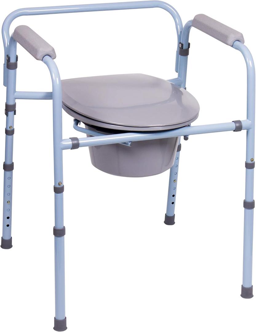 Carex 3-in-1 Folding Bedside Commode and Raised Toilet Seat, Portable Toilet Supports Up to 300lbs, Bedside Commodes for Seniors, Adult Potty Chair with Bucket, Lid, and Splash Guard