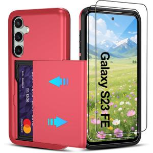 Pilaru Compatible with Samsung Galaxy S23 FE Case with Card Holder Dual Layer Heavy Duty Protective Shockproof Hidden Card Slot Slim Wallet Phone Cover for Women&Men for S23 FE Phone Case (Red)