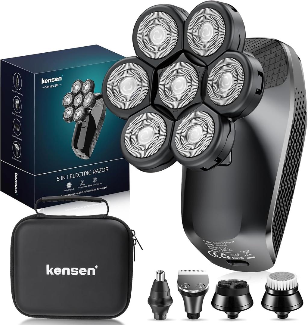 7D Head Shavers for Bald Men - 5 in 1 kensen Electric Head Hair Shaver, Head Electric Razor with Nose Hair & Beard Trimmer Cordless IPX6 Waterproof Wet Dry LED Display Travel Case (Black)