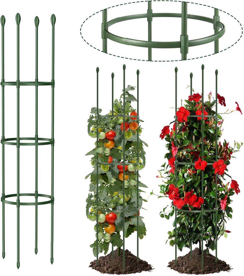 Round Heavy Duty Tomato Cage - 55 Inch Steel Core Plastic Coated Garden Trellis, 4-Post Rustproof Plant Support for Tomato/Cucumber/Beans, No Tools Snap Assembly, Spare Parts i kmp0pp00