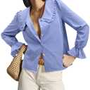 siliteelon Plaid Shirts for Women Gingham Top Button Down Shirts Peter Pan Collar Puff Long Sleeve Cotton Casual Work Blouse Blue