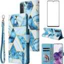 Asuwish Compatible with Samsung Galaxy S21 Plus Glaxay S21+ 5G Wallet Case and Tempered Glass Screen Protector Flip Card Holder Stand Cell Phone Cases for Gaxaly S21+5G S21plus 21S + S 21 21+ G5 Blue