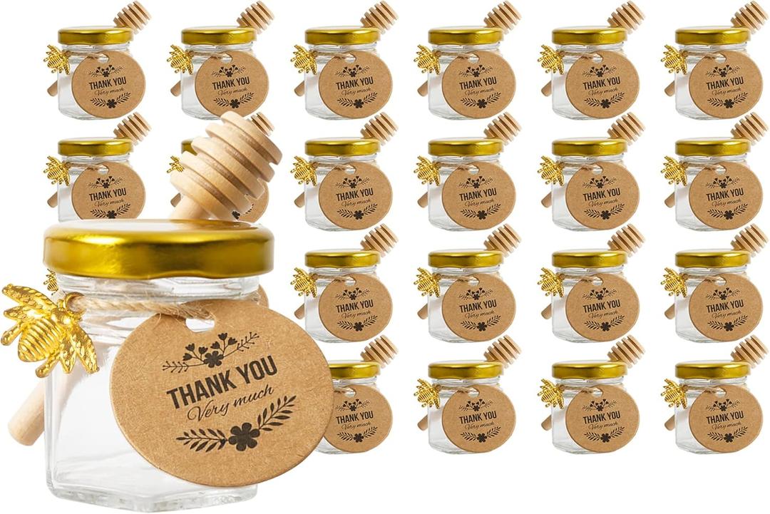 24Pack 1.5oz Mini Glass Hexagon Honey jars - Gold Lid, Small Wooden honey dipper, Bee Charms, Thank You Gift Tags, Jute - Baby Shower Thank You Party Wedding Favors Gifts (Golden)