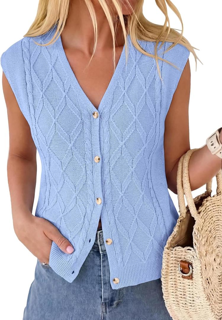 BTFBM Vest Tops for Women Summer V Neck Button Loose Lightweight Cardigan Knit Cap Sleeve Sweater Vests Fashion Clothing(Light Blue, Medium)