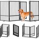 SNUOWU Full Metal Freestanding Dog Gate with Door, 32''Height Foldable Pet Dog Fence for Indoor & Outdoor, 4 Panels Extra Wide Free Standing TallDog Gates for Doorways,House,Stairs,Porch,Deck,Yard