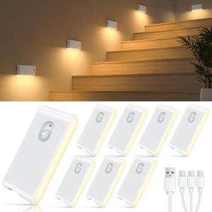 WILLED Rechargeable Night Lights, Warm White Motion Sensor Night Lights, Wireless Stair Lights Indoor for Stairway, Hallway, Kitchen, Closet, Cabinet, Bedroom, Kids' Room(Pack of 8, White)