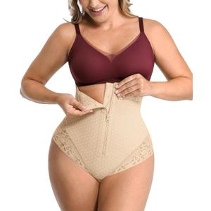 SHAPELLX Tummy Control Thong Shapewear for Women Shaping Thong Body Shaper Underwear with Hook Zipper Closure (Beige) XL