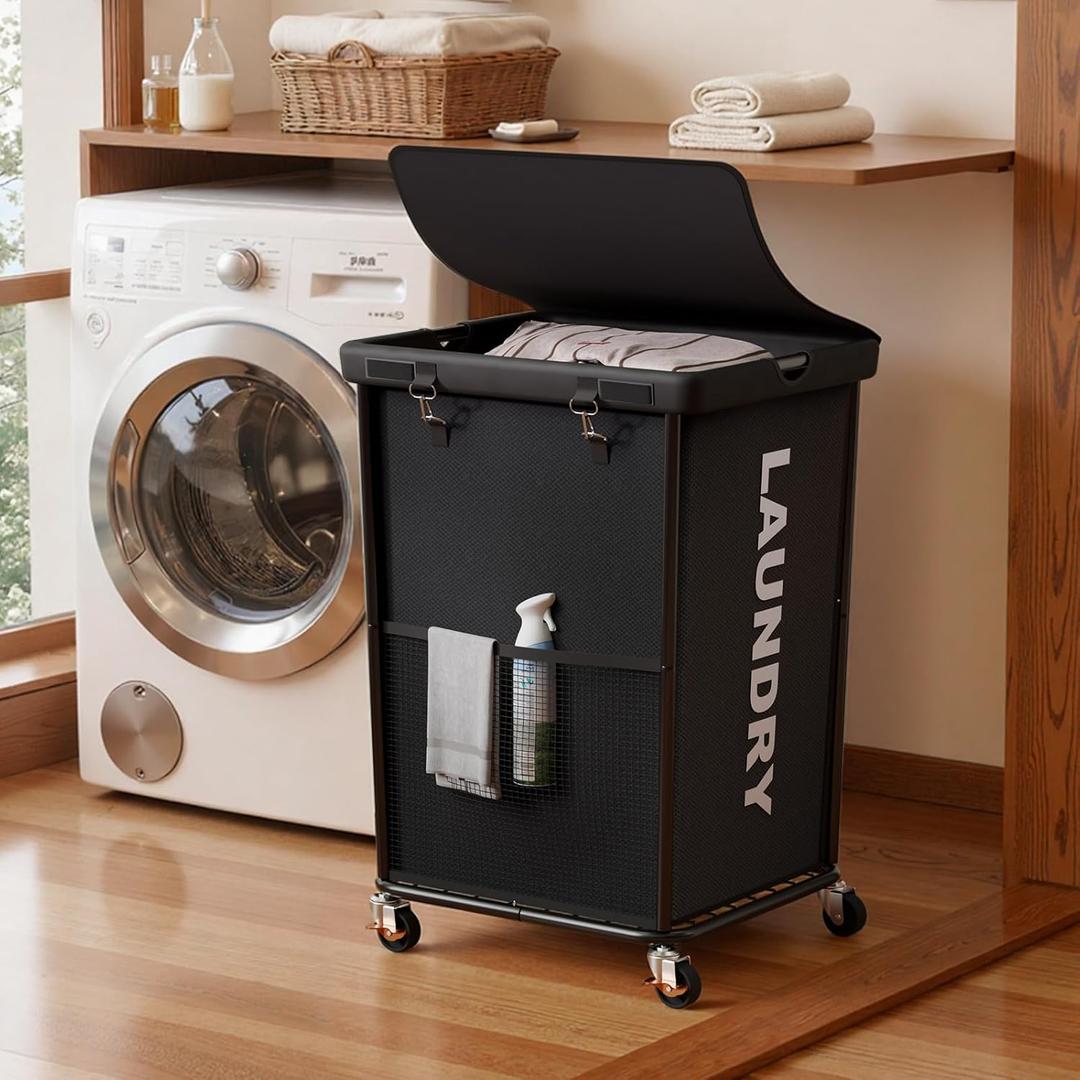 150L Laundry Basket with Wheels, Rolling Laundry Hamper with Cloth Cover, Laundry Cart with Metal Frame & Removable Bag, Large Dirty Clothes Hampers for Bedroom Aesthetic, Laundry Room Bathroom, Black